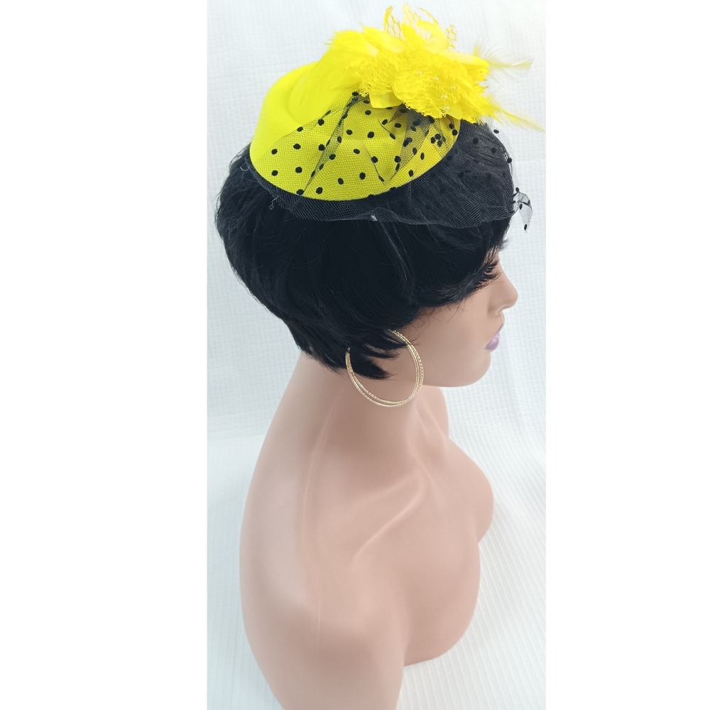 Vintage Style Yellow Fascinator Hat Faux Feather Polka Dot Veil Hair Clip Womens